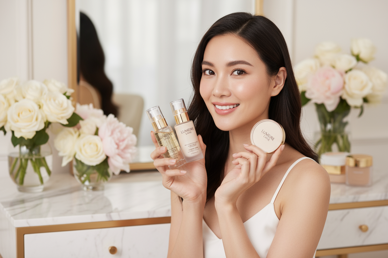 a ai real beautiful girl show casing our beauty products brand : Lumeire Lane with beautiful background