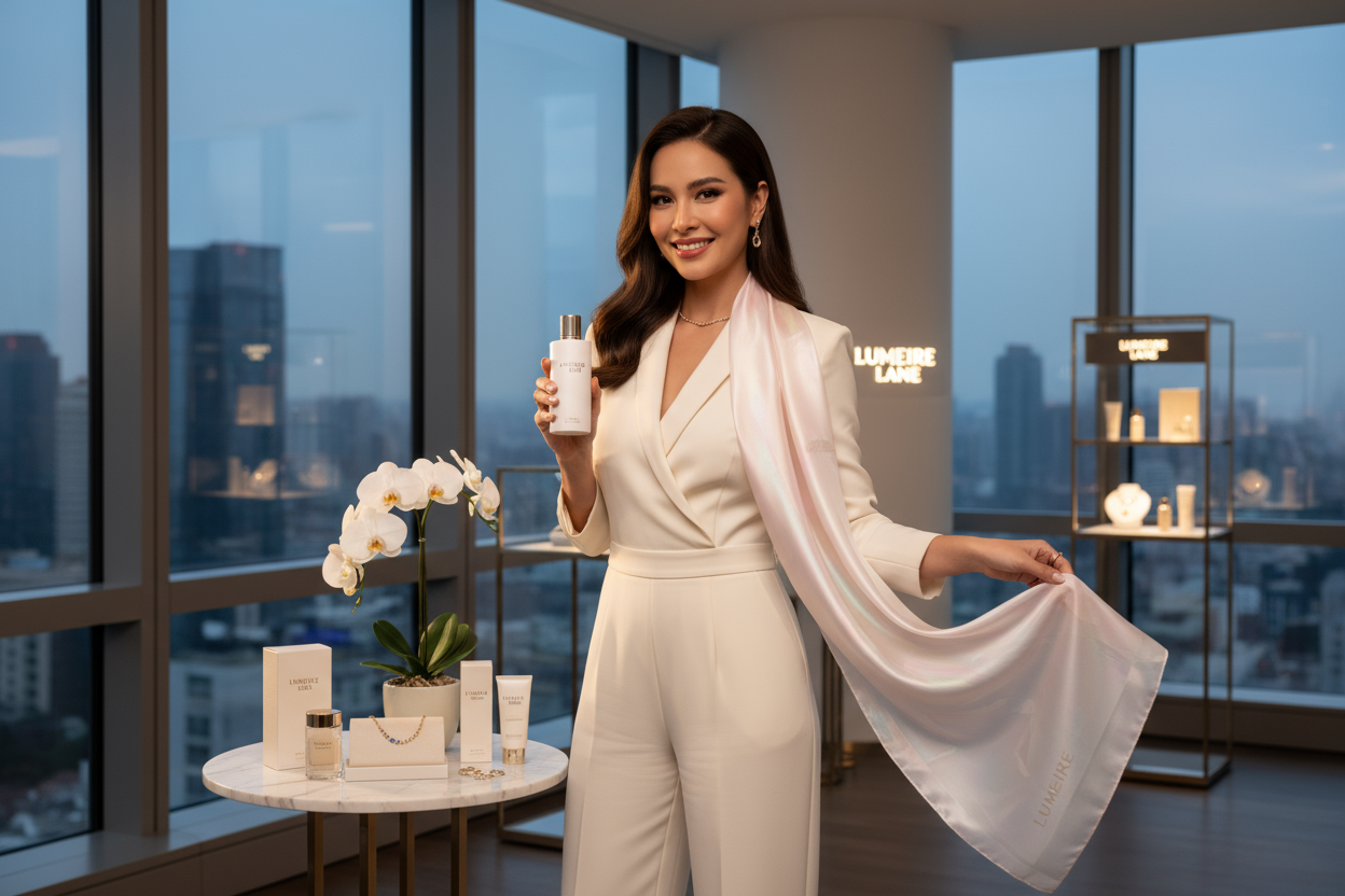  an ai girl should be smiling and flaunting her figure and promoting Lumeire Lane Products and the girl should be beautiful 